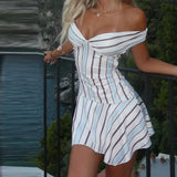 Daiiibabyyy  Women's Chic Striped Off-shoulder Mini Dress V-neck Backless Dresses Twist Front Flounce Hem Bodycon Vestidos New Summer Clothes