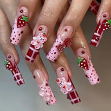 Daiiibabyyy  24pcs Long Coffin Sweet Girl Fake Nail Strawberry Wave Point Flower Printed Press On Nail Dopamine Plaid French Style False Nail