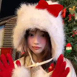 Daiiibabyyy  New Christmas Sweet Cute Ear Protection Hats Autumn Winter White Plush Red Bow Cat Hat Outdoor WindProof Cap Festival Gifts