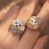 Daiiibabyyy  Cute Simulation Pet Ring Sweet Pink Hat Kitten Dog Ring Fun Animals Lovers Hand Jewelry Accessories for Women Girlfriend Gifts