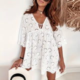 Daiiibabyyy  New Summer Short Sleeved Sexy Hollow Dress Jacquard Embroidery Pleated Women's Party Dress Fashion Bow Tie Up V Neck Loose Dress