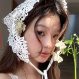 Daiiibabyyy  Vintage White Lace Floral Headscarf For Women Spring Summer French Style Lace Headband With Flower Decor Elegant Hair Accessory