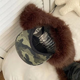 Daiiibabyyy  American Y2k Camouflage Imitation Fur Plush Men Baseball Cap Winter Outdoor Thermal Lace-up Ear Protector Women Bomber Hats