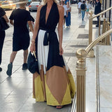 Daiiibabyyy  Summer Casual Pleated Holiday Dresses Printed Patchwork Backless Hollow Out Women's Dress Bohemian High Street Halter Long Dress