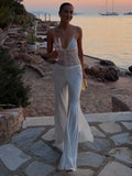 Daiiibabyyy  White Lace Sheer Corset Maxi Dress Eyelash Lace Trim Bodice High Slit Satin Skirt Summer Bridal Evening Party Women Outfit