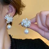 Daiiibabyyy -  Sweet 2 Designs White Color Crystal Simulated Pearl Miyuki Flower Long Drop Earrings for Women Statement Party Jewelry