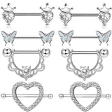 DAIIIBABYYY  -  1 Pair Stainless Steel Love Heart Shape Nipple Piercing Cubic Zirconia Butterfly Crown Barbell Tongue Piercing Body Jewelry