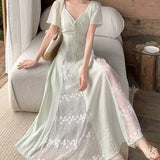 DAIIIBABYYY  -  Lace Patchwork Design V-neck Short Sleeved Dress New French Style Gentle Women's Tie Up Clothing Slim Waist Stylish Long Dresses