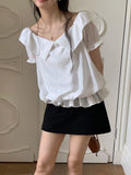 DAIIIBABYYY  -  2025 Korean Chic Summer New Style Romantic Texture Temperament Off Shoulder Ruffle Edge Short Sleeved Shirt Top