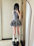 DAIIIBABYYY  -  Y2k Aesthetic Plaid 3D Flower Dress Summer Women Preppy Style Sleeveless Ruffled Mini Dresses Harajuku Grunge Pleated Vestidos