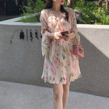 DAIIIBABYYY  -  Afternoon Garden Spring/Summer Gentle Trumpet Sleeves Fragmented Flower Dress with Ruffle Edge Long Dress