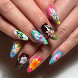 Daiiibabyyy  24pcs Wearable False Nail Butterfly Colorful Almond Nails Sets Press on Finished Ocean Star Flower Design Long Fake Nails Tips