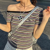 DAIIIBABYYY  -  Women Harajuku Knitted Contrast Color Stripe Tops Y2k Aesthetic Sexy Slash Neck Tees Summer Slim Fit Streetwear Grunge Tshirts
