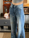 DAIIIBABYYY  -  American Style Spring Printing Graffiti Vintage Women New Embroidery Jeans Summer High Waisted Loose Wide Legs Casual Trousers