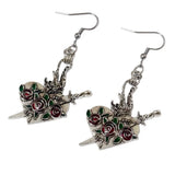 Daiiibabyyy  Gothic Retro Silver Color Sword Relief Rose Flower-shaped  Heart Pendant Dangle Earrings for Women Halloween Earrings Jewelry