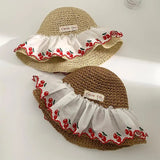 Daiiibabyyy  Women's Cute Sun Hat  Little Cherry Lace Trimmed Straw Hat Girl Summer Beach Vacation Sun Hat Sunshade Kawaii Sun Protection Hat
