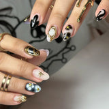Daiiibabyyy  24PCS Sweet Cool Short Oval Press on Nails Leopard Cow Pattern French Metallic Silver Fake Nails for Spice Girls Simple Ins Nail