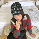 Daiiibabyyy  Niche Printing Letter Pullover Knitted Hat Autumn and Winter Men and Women Trend Street Versatile Personality Skull Beanie Caps