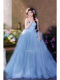 Daiiibabyyy  Blue Light Luxury Applique Wedding Dresses Women Sweetheart Strapless Lace Up Evening Bridal Dress Elegant Prom Party Ball Gown