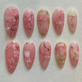 Daiiibabyyy  24Pcs Blue Pink Smudge False Nails Press on Bow Flower Butterfly Star Full Cover Nails Tips Mid-length Almond Wearable Fake Nail