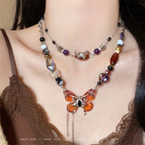 DAIIIBABYYY  -  Luxury Maillard Color Butterfly Double Chains Luxury Aesthetic Necklace for Women Fashion 2024 Choker Collar Necklace