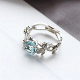 Daiiibabyyy  -  Creative Crystal Aquamarine Leaf Branch Ring for Women Fashion Design Zircon Hollowed Silver Finger Rings Jewelry Wholesale