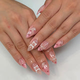 Daiiibabyyy  24Pcs 3D Bow Strawberry False Nails Art Mid-length Almond Full Cover Nails Tips Pink Smudge Pearl Detachable Press on Fake Nails