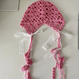 DAIIIBABYYY  -  Korean Ins Hand-woven Lace Bow Decorative Pullover Hat Women's Summer Street Fashion Hollow Breathable Knitted Beanie Cap