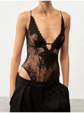 Daiiibabyyy  Women's Black Lace Bodysuit Sexy Deep V Neck Sleeveless Spaghetti Strap Slim Fit Corset Style Bodysuit Tops For Party Clubwear