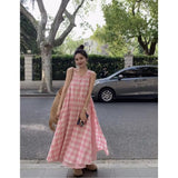DAIIIBABYYY  -  Pink Checkered Sleeveless Dress Women Summer 2025 New Vacation Style Cinched Waist Slimming Round Neck Vest Dresses