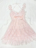 Daiiibabyyy  Coquette Sweet Vintage Lolita 2 Piece Dress Set Women Lace Bow Halter Puff Strap Ruched Waist Slim Fit Mini Dress Elegant Outfit