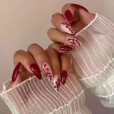 Daiiibabyyy  24Pcs Red Gradient Cherry Bow Press on Nails Star Rhinestone Fake Nails Mid-length Almond Detachable Full Cover False Nails Tips