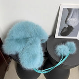 Daiiibabyyy  Plush Pom Pom Laced Up Bomber Hats Women Winter Warm Imitation Mink Ear Pilot Hat Cute Tail Hanging Ball Tether Snow Ski Beanies