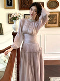 Daiiibabyyy  Autumn Light Luxury Pleated Waist Cinched Long Bubble Sleeve Dress A-line Casual Nail Bead Vintage French Style Party Dresses