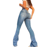 Daiiibabyyy  Women's Jeans Cotton Distressed Full Length Denim Pants Mid Waist Light Wash Ripped Denim Jeans Micro Flare Slim Fit Thigh
