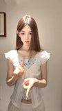 Daiiibabyyy  White Slim Korean Artistic Cute Milk Top Women Summer Contrasting Color Splicing Fake 2 Piece Floral Short Sleeve Shirt