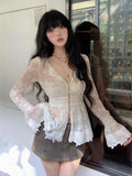 Daiiibabyyy  Streetwear Lace Floral Shirts Women Fashion Sexy Sheer V Neck Blouses Summer Ladies Korean Flare Long Sleeve Design Tops