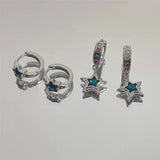 Daiiibabyyy Blue Rhinestone Star Pentagram Hoop Earrings for Women Hot Girls Crystal Ear Bone Nail Piercing Earring Y2K Fashion Jewelry Gift
