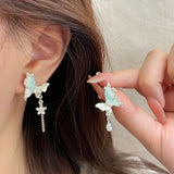 DAIIIBABYYY  -  Girls Sweet Summer Green Color Stud Earrings Set Butterfly Rhinestone Pearl Tassel Drop Earring Women Party Jewelry