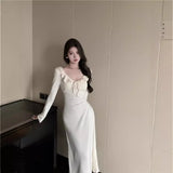 Daiiibabyyy  Autumn Winter New Style Long Knitted Wrap Dress with Belt and Pleated Hemline Elegant Pink Evening Gown Full Sleeve V-Neck