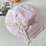 DAIIIBABYYY  -  Japanese Plaid Lace Bow Decorative Bucket Hat Women's Spring Summer Outdoor Shading Big Brim Vacation Foldable Lace-up Sun Cap