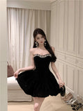 DAIIIBABYYY  -  French Princess Velvet Black Birthday Party Mini Dress Women New Fall Winter Fashion Strapless Diamonds Beads Fluffy Short Dress
