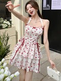 DAIIIBABYYY  -  Women Fashion Floral Bow Chic Neck-mounted Midi Dress Summer Elegant Ruffled Lolita Dress 2025 New Korean Bodycon Kawaii Dress
