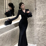 Daiiibabyyy  Black Long Sleeve Chic Ruffled Lace V-Neck Evening Gown Women Elegant Luxury Mermaid Dress Autumn Winter New French Dresses