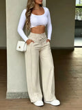 Daiiibabyyy  Women's Pants High Waist Drawstring Trousers Cropped Multi Pocket Wide Leg Pants Pink Black Straight Cut Floor Length Pants