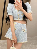 Daiiibabyyy Elegant Chic Vintage Tweed Sets Women Outfits Puff Sleeve Double Breasted Cropped Tops + Asymmetrical Mini Skirt Two Piece Suits
