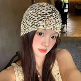 Daiiibabyyy  Retro Vintage Sequin Woven Cap Y2k Knit Sequin Bucket Hat Thin Hollow Beanie Hats Summer