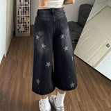 Daiiibabyyy  Women's Clothing American Retro Star Printed Jeans Fashion Ripped Summer Streetwear High Waist Loose Casual Straight Capri Pants
