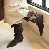 Daiiibabyyy  Vintage Faux Suede Rivet Strap Flod Women Mid-calf Boots Fashion Autumn Winter Low Heeled Chelsea Modern Boots Shoes Botas Mujer