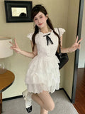 DAIIIBABYYY  -  Sweet Chic Bow White Dress Women Slim Fashion Flying Sleeve Cute Mini Dress Casual O Neck Female Elegant Lace A Line Dress